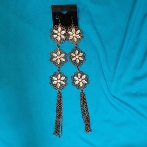 Statement Earrings Rhinestones Brass Metallic 9"